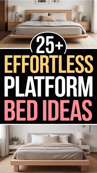 platform bed, bed frame, wooden bed, modern bed, low profile bed, minimalist bed, bedroom furniture, brand awareness, lifestyle, modern typography, calm, warm, neutral, brown, pink